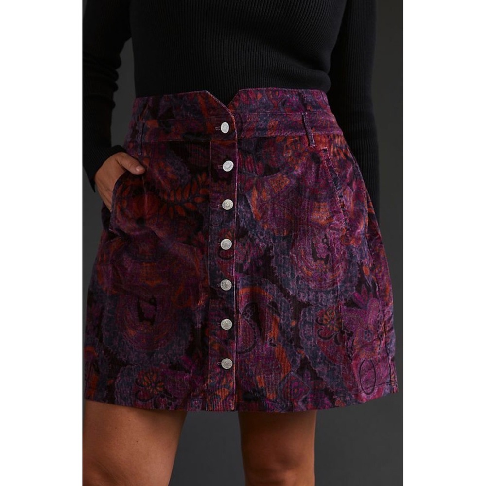 Pilcro Anthropologie Corduroy Button Front Mini Skirt Paisley Floral Sz 2‎